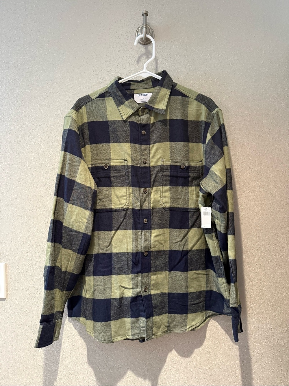 Old Navy Olive Green Navy Blue Buffalo Plaid Flannel Shirt New Size Large